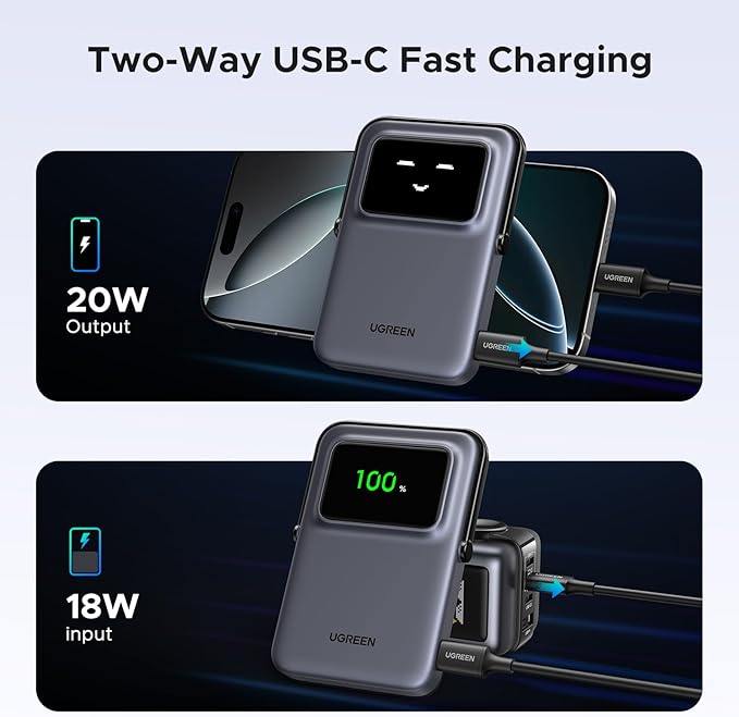 UGREEN Uno Magnetic Power Bank, Wireless Portable Charger, 20W Fast Charging Battery Pack with Foldable Stand and TFT Display 5000mAh for iPhone 17/17 Air/17 Pro/17 Pro Max/16/15/14/13 Series, Black