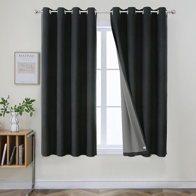 Joydeco Blackout Curtains 63 Inches Long 2 Panels Burg, Room Darkening Curtains for Bedroom, 100% Black Out Textured Thermal Drapes Privacy Protection 2 Panels Set(W52 x L63 Inch, Charcoal Grey)