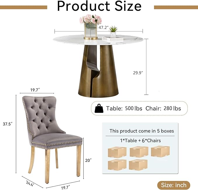7-Piece Faux Marble Round Dining Table Set for 6, Modern Luxury Kitchen Table Set for 6 with Grey Tufted Chairs,Circle Dining Tables with White Marble Grain Top and Bronze Pedestal Base
