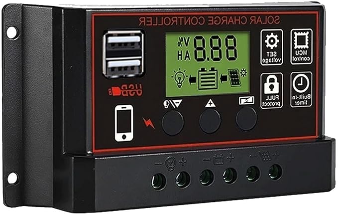 Solar Charge Controller, Solar Panel Charge Controller Intelligent Regulator with Dual USB Port 12V/24V, Auto Paremeter Adjustable LCD Display PWM（Black, 30A）