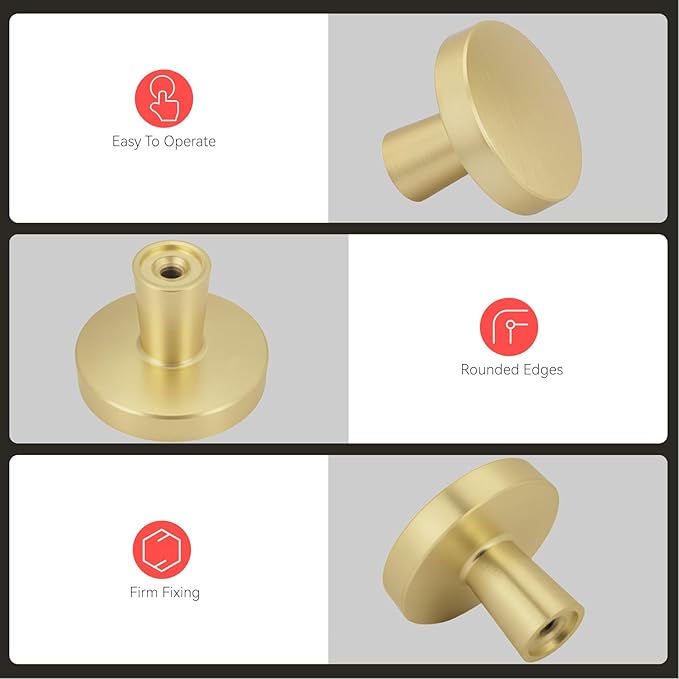homdiy 15 Pack Gold Cabinet Knobs Round Brushed Brass Kitchen Handles Zinc Alloy Metal Hardware for Dresser Drawer Desk Cupboard