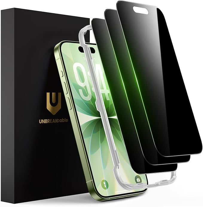 UNBREAKcable Privacy Screen Protector for iPhone 15 (6.1) 25° Anti-Spy Tempered Glass Easy Install Alignment Frame Case-Friendly 9H Hardness Anti-Fingerprint 3-Pack