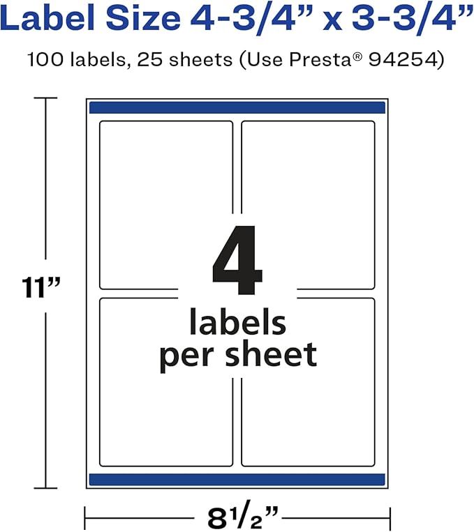 Avery Glossy White Rectangle Labels, Sure Feed Technology, 4.75" x 3.75", 100 Glossy White Labels, Print-to-The-Edge, Permanent Adhesive, Laser/Inkjet Printable