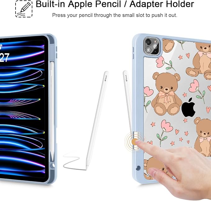 May Chen Case for iPad 12.9 Inch (6th/5th/4th/3rd Generation 2022/2021/2020/2018) Pencel Holder + Trifold Support Auto Sleep/Wake Transparent Shockproof Back Cover Blue Bows