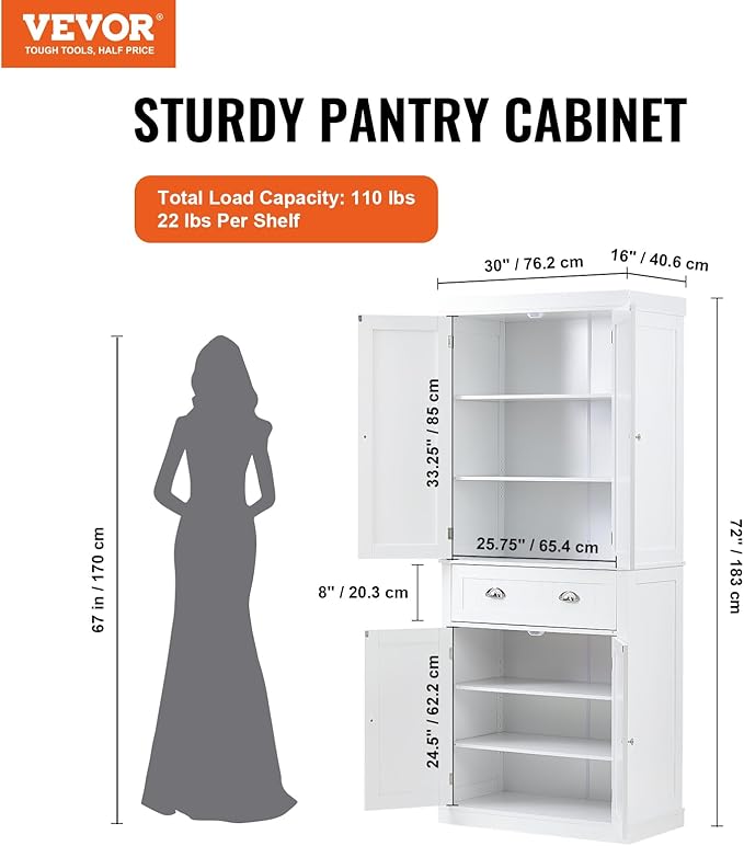 VEVOR 72" Tall Storage Cabinet with Doors, Drawer, 3 Adjustable Shelves, Utility Pantry for Kitchen, Living Room, Dining, Laundry, Pearl White