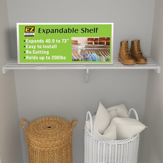 EZ Shelf - DIY Expandable Closet Shelf (NO Hanging Rod) - 40.5” to 73” - White - Easy to Install to 2 Sidewalls -(EZS-SW72)- Wire Closet Shelving Alternative