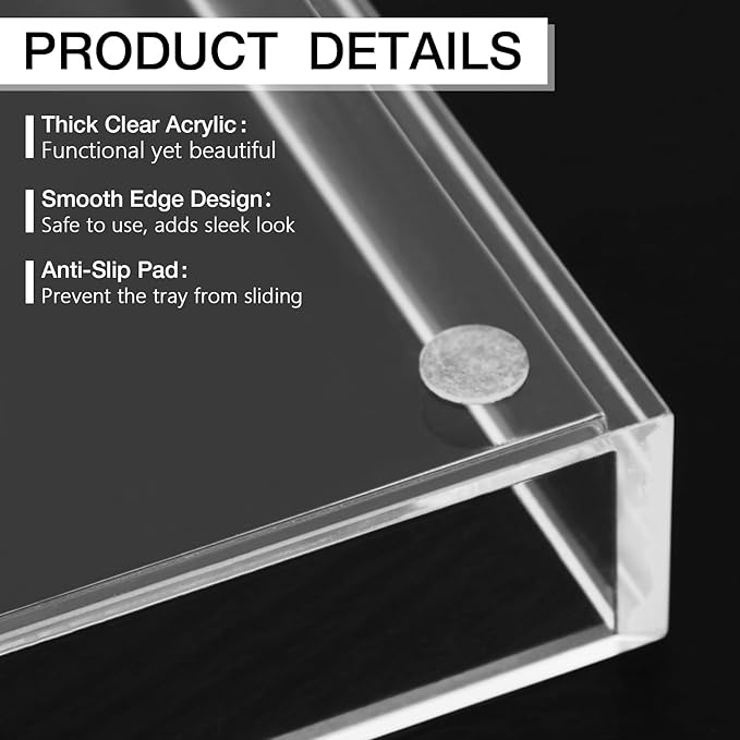 Clear Acrylic Tray 5mm Thicken for Vanity Makeup, Perfume, Jewelry Holder, Napkin, 7.9x4'' Decorative Serving Tray for Bathroom, Toilet Tank, Sink Countertop, Living Room,Dresser, Coffee Table,Wedding