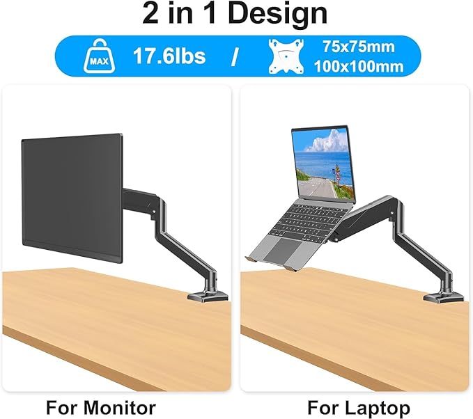 MOUNTUP Laptop Stand for Desk, Adjustable Aluminum Laptops Arm Mount for 14-17 Inch Notebook & 32" Monitor, Laptops Arm for Desk Support for 2.2-19.8lbs, 2-in-1 Laptop Desk Mount with Clamp/Grommet