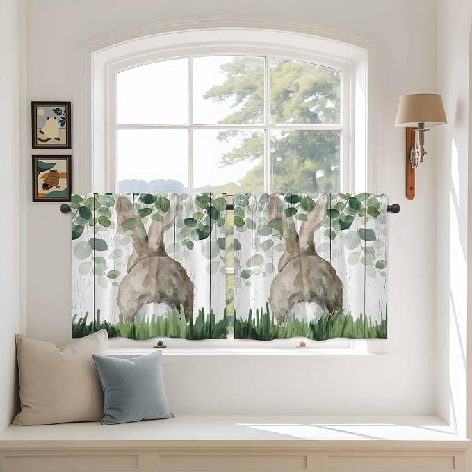 Easter Tier Curtains, Country Rabbit Botanical Leaves Wooden Grain Light