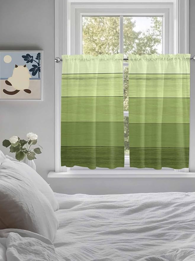 Gradient Green Wooden Board Window Valance Curtains, Retro Country Wood Grain