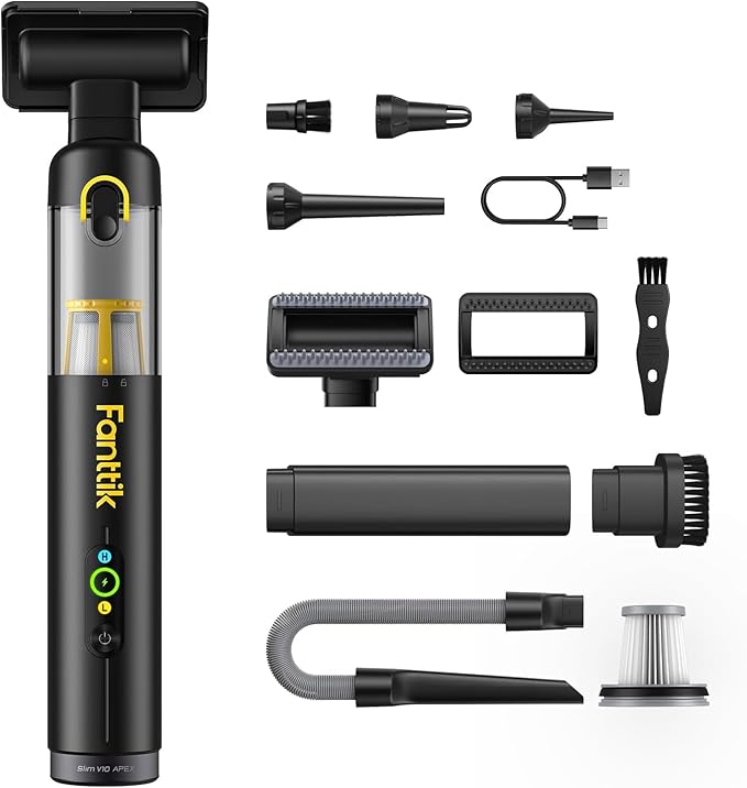 Fanttik Slim V10 APEX Cordless Car Vacuum, 4-in-1 Portable Mini Handheld Vac, 19kPa Suction Power, Upgraded Smart Digital Display, 2 Suction Modes for Small Jobs, Car, Office Desk, Keyboards (Black)