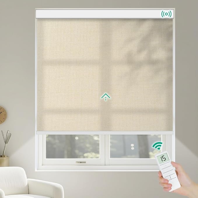 Kilonity Motorized Roller Shades, Light Filtering Remote Control Custom Window Shades Compatible with Alexa Google Assistant via RF Hub, Rechargeable Electric Blinds for Windows (Beige)