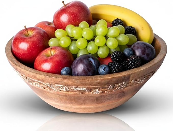 Mela Artisans Wooden Fruit Bowl – Whitewash Finish | Large 12” Mango Wood Serving Bowl with Felt Pads | Decorative bowl | Multipurpose Countertop Bowl for Breads | Salad | Fruit & More