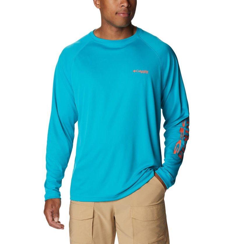 Columbia Men's Terminal Tackle Long Sleeve Shirt, Ocean Teal/Corange Logo, 4X Big