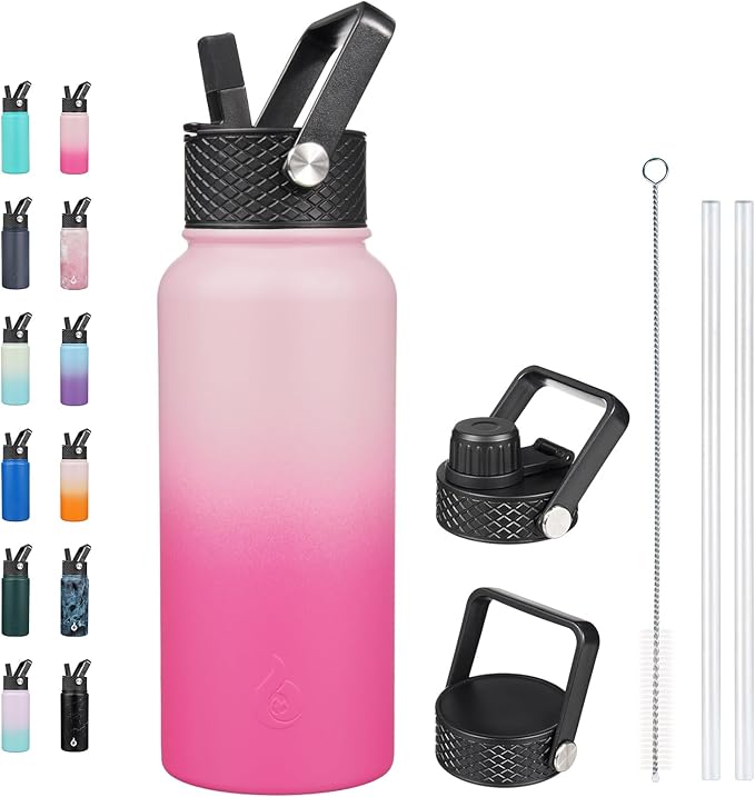 BJPKPK Insulated Water Bottles with Straw Lid, 32oz Metal Large Water Bottle with 3 Lids, Reusable Leak Proof BPA Free Thermo, Stainless Steel Tumblers for Sports, Gym, Travel-Cherry
