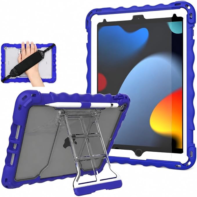 Kids Case for iPad 9th 8th &amp 7th Generation 10.2 Inch Heavy Duty Shockproof Protective Cover with Built-in Screen Protector Kickstand Pencil Holder Hand Strap &amp Shoulder Strap (Black)