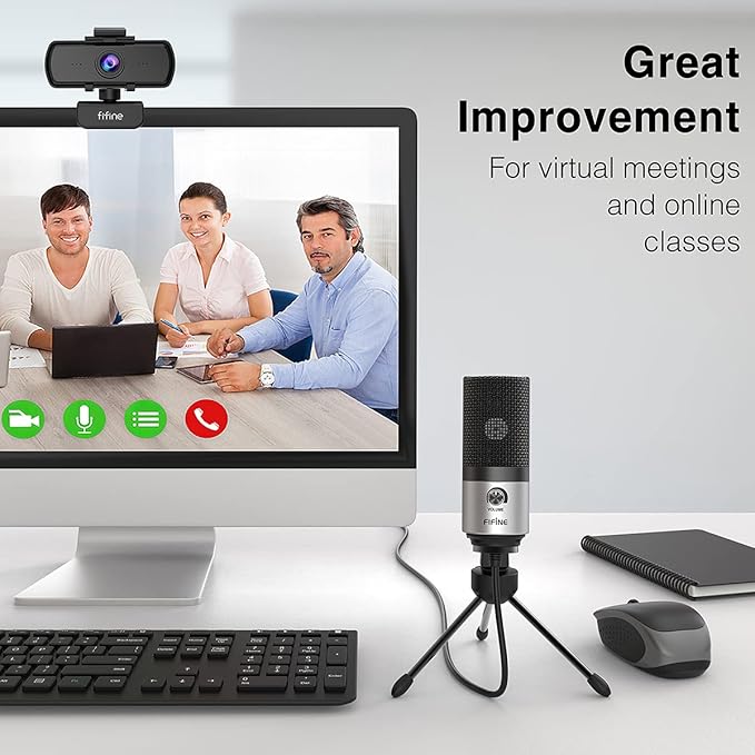 FIFINE USB Microphone for Zoom Video Meeting Online Class on PC Computer, Metal Condenser Desktop Mic with Gain Control for Windows and Mac, Silver - K669S