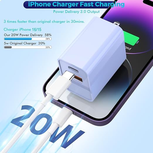 10FT iPhone 17/16e Fast Charger2Pack 20W Dual Port USB A+C QC Apple Adapter with 10 Foot USB C to C Fast Charging Cable Cord for iPhone 17Air/17Pro/17Pro Max/16/16Pro/15/15Pro/Pro Max/Plus(Blue/Pink)
