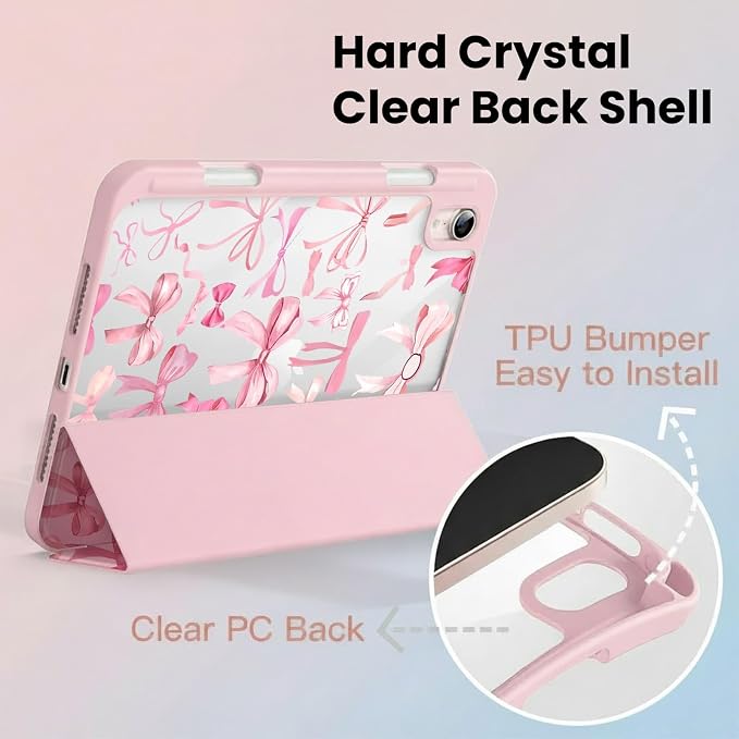 for iPad A16 11 Inch 2025 /for iPad 10th Generation 10.9 Inch 2022 Cute iPad Black Case with Pencil Holder-[Auto Wake/Sleep] Trifold Stand Soft TPU Protective Cover Pink Bows