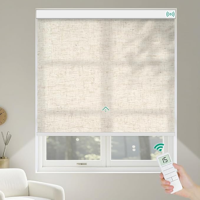 Kilonity Motorized Roller Shades, Light Filtering Remote Control Custom Window Shades Compatible with Alexa Google Assistant via RF Hub, Rechargeable Electric Blinds for Windows (Texture Beige)