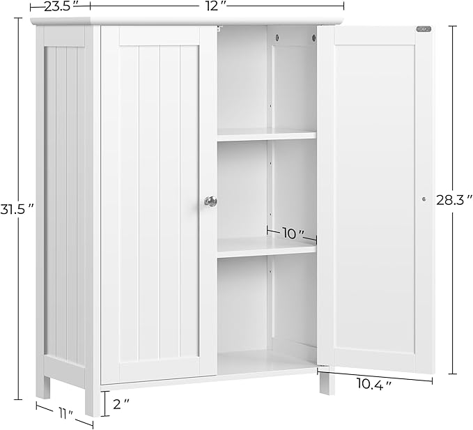 Yaheetech Bathroom Floor Cabinet, Modern Storage Freestanding Organizer Cabinet with Adjustable Shelves & Double Doors, 3-Tier Home Living Room Furniture, White