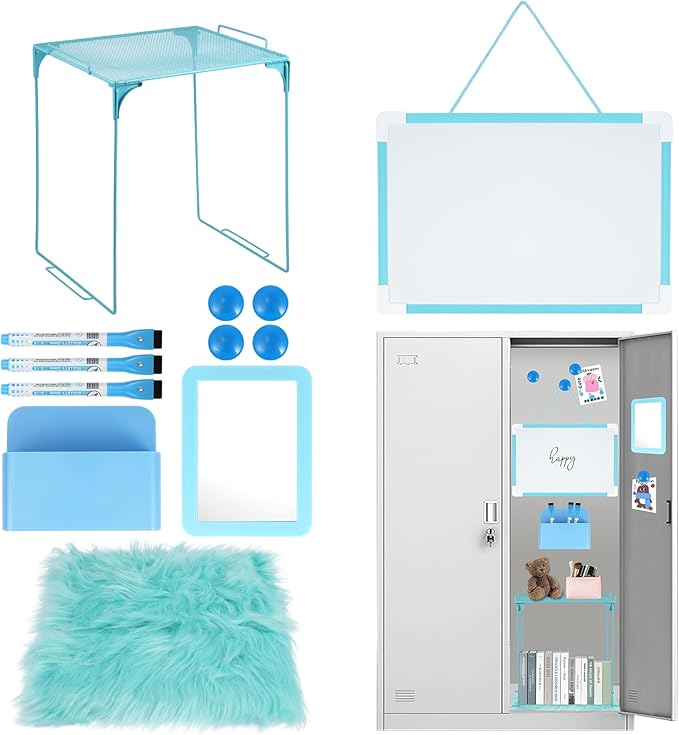 12 Pcs Locker Organizer and Decorating Kit, First Day of School Essentials for Girl Marble Print Whiteboard with Markers Locker Shelf Plush Area Rug String Light Mirror Magnetic Cup and Magnet (Blue)