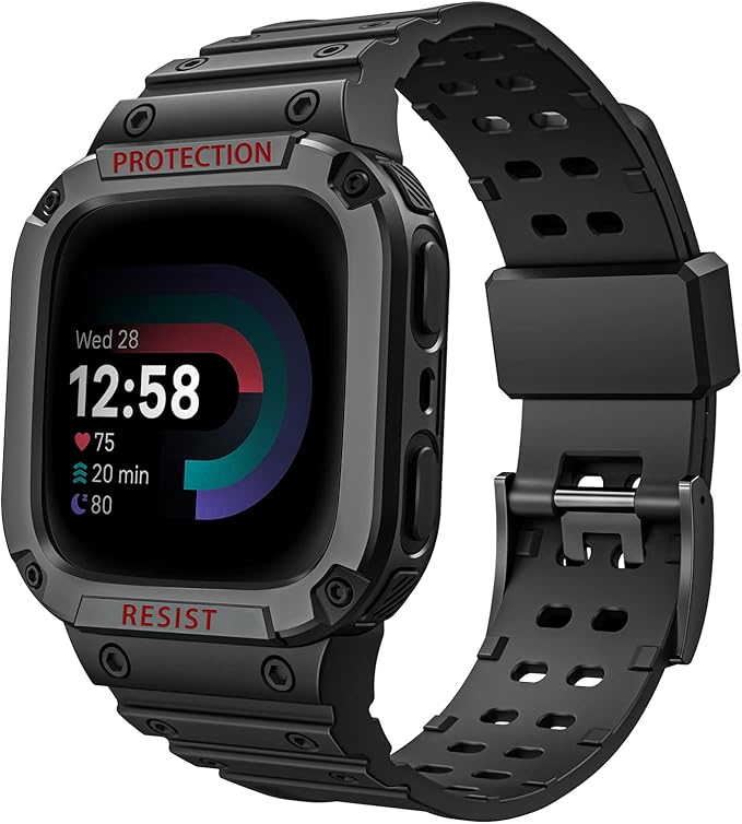 FINTIE Bands with Case Compatible with Fitbit Versa 4/3/2/1/Versa Lite/Fitbit Sense 2/Sense, Protective Case Strap Rugged Sport Band Men, Black