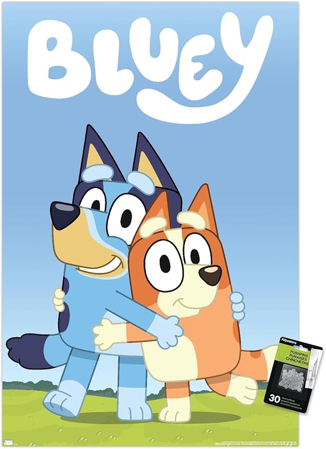 Bluey - Hug Wall Poster with Push Pins, 22.37" x 34.00", Poster & Push Pin Bundle
