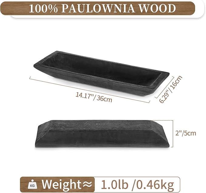 Hanobe Decorative Wood Dough Bowl: Long Wooden Bowl for Entry Way Table Home Decor - Coffee Table Decor for Living Room - Dining Table Centerpiece Decor, Black