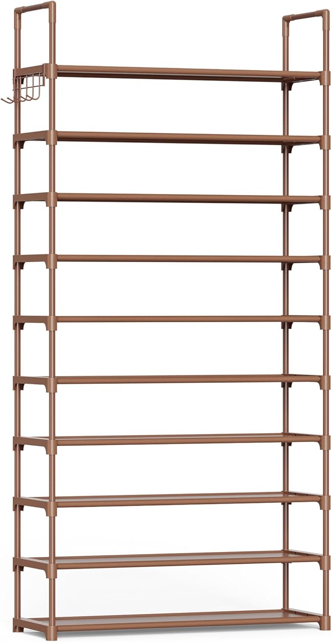Kitsure Shoe Rack for Closet - 10-Tier Shoe Organizer with Hook Rack, Large-Capacity & Space-Saving Shoe Shelf for Entryway, Bedroom, Living Room,32.2" x 11.8" x 68.5", Brown