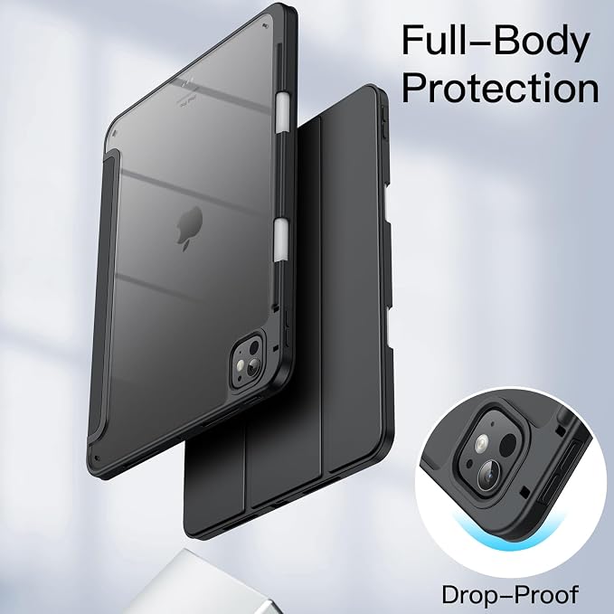 JETech Case for iPad Pro 11 M5/M4 Black | Cover for 2025/2024 Model Clear Transparent Back Pencil Holder Slim Shockproof Protection Tri-Fold Stand Auto Wake/Sleep