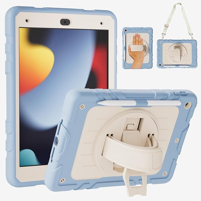 Case for iPad 9th/8th/7th Generation10.2 Shockproof 360 Rotating Stand Shoulder Hand Strap with Pencil Holder for iPad 10.2 inch 2021/2020/2019 Case (Black)