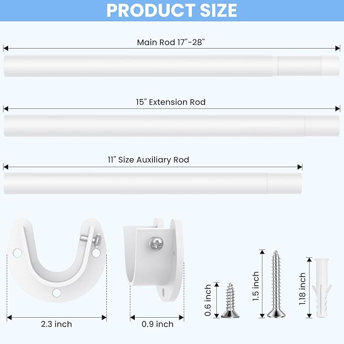 Closet Rods for Hanging Clothes, 17 to 28 Inch Heavy Duty Stepless Adjustable Closet Hanging Rod, 1.3 Inch Diameter Metal Closet Rod for Wardrobes Laundry Bedroom RV, White