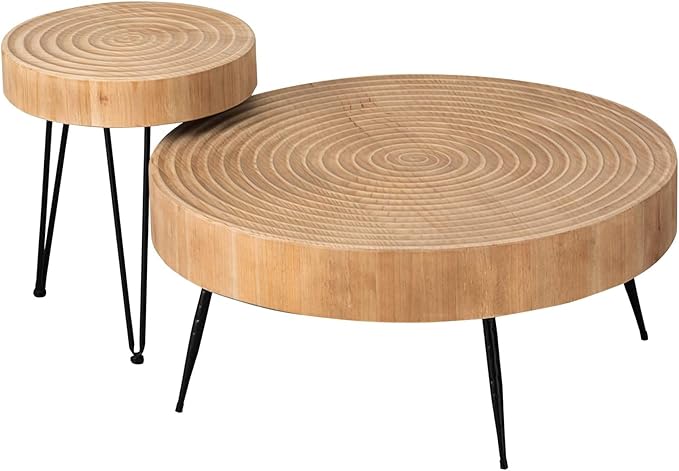2-Piece Modern Farmhouse Living Room Coffee Table Set, Nesting Table Round Natural Finish with Handcrafted Wood Ring Pattern