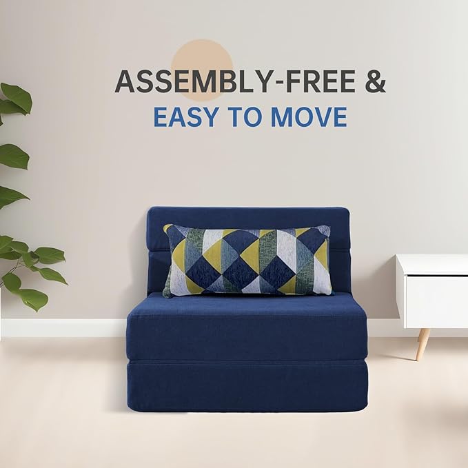 Folding Sofa Bed with Pillow Memory Foam Convertible Sleeper Chair Bed Couch Futon Lazy for Living Room/Home Office/Guest Beds/Apartment/Upstairs Loft,Single Size,Dark Blue
