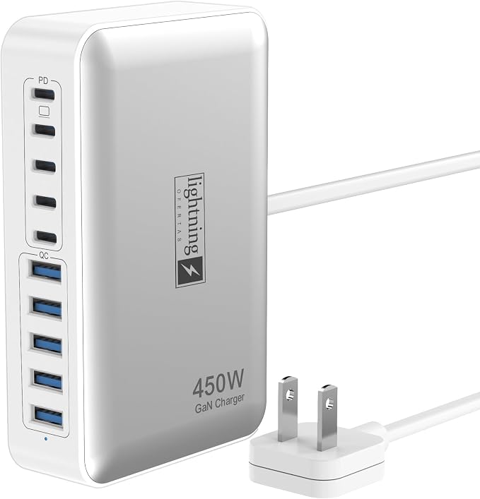 8-Port Multi Charging Stations 200W with Flat Plug Braided Power Cord and On/Off Switch- USB Charging Hub for iPhone iPad MacBook and More- 65W C Port Power Adapter for Laptops