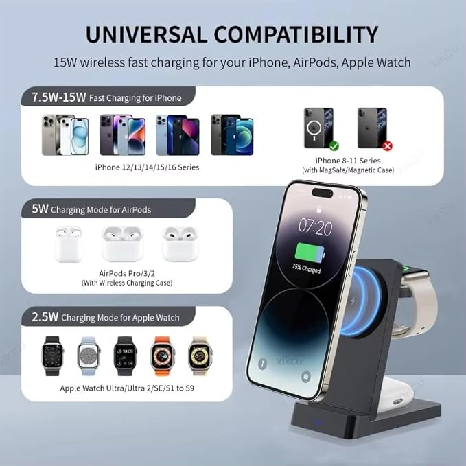 Desk Magnetic 3 in 1 Wireless Charger Stand for Magsafe iPhone 17 16 15 14 13 12 Pro Max iWatch 9~2 SE Airpods Pro Fast Charging (Black)