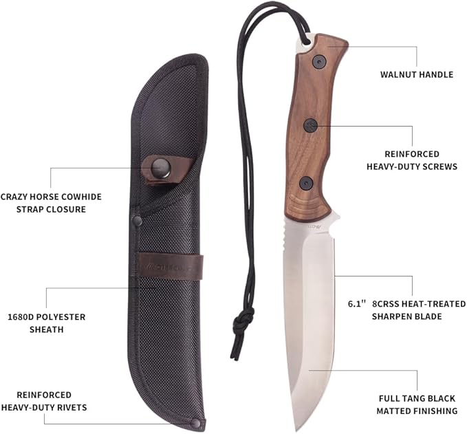 Fixed Blade Bushcraft Knife Full Tang Camping Knife with Sheath and hanging rope for Outdoor, Hiking, Gift