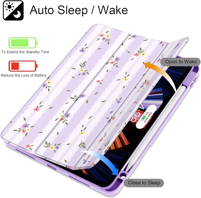 Mektron Case for iPad Pro 11 inch Case M2 2022 Generation 4th Fit 2021 2020 2018 iPad Pro 11 (3rd 2nd &amp 1st Gen) -Buit in Pencil Holder with Shockproof Cover Clear Shell Blue Bows &amp Flower