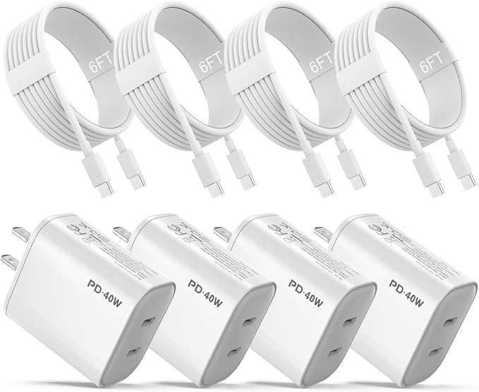 iPhone 17 16 15 Charger 4 Pack 40W USB C Charger Dual Port Fast Charging Block (4-Pack 6 ft USB C to C Cable Cord Included) for iPhone 17 16 15 Pro Max/15Pro/15/15PlusiPad | USB C Charger Fast Charg