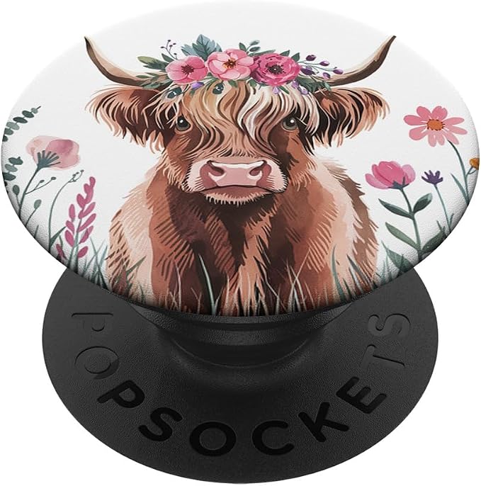 Baby Highland Cow Floral - Adorable Watercolor Farm Art PopSockets Adhesive PopGrip