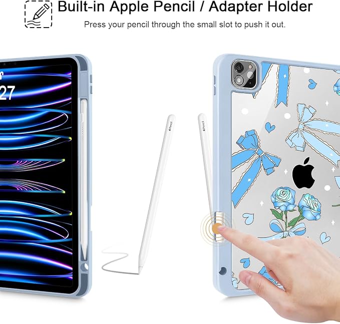 Tuiklol for iPad Pro 11 Inch 4th / 3rd / 2nd / 1st Gen (2022 2021 2020 2018) Case -Built-in Pencil Holder Shockproof Cover Clear Transparent Back Shell with Auto Wake/Sleep Black Flower