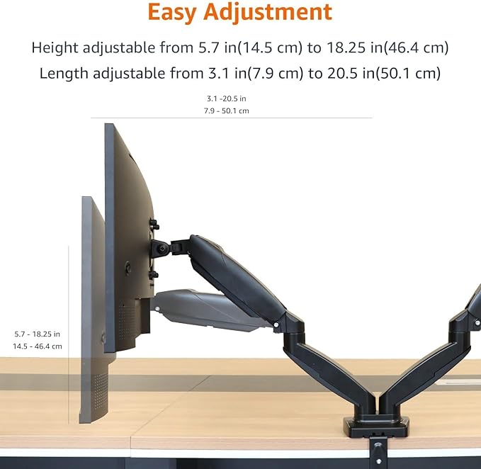 Amazon Basics Gas Spring Dual Computer Monitor Arm Desk Mount, Adjustable, Holds up to 27" Monitors, Black