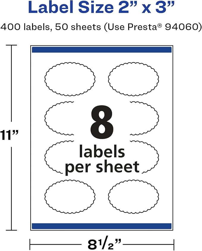 Avery Glossy White Oval Scalloped Labels, Sure Feed Technology, 2" x 3", 400 Glossy White Labels, Print-to-The-Edge, Permanent Adhesive, Laser/Inkjet Printable