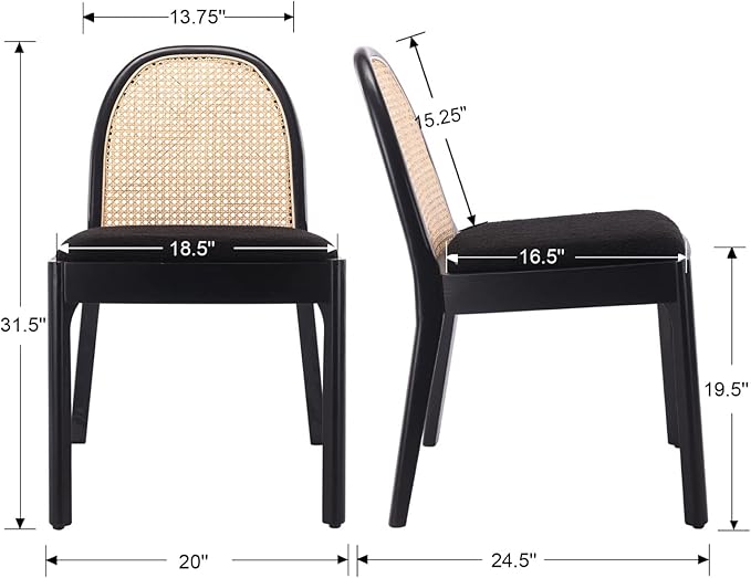 HEAH-YO Rattan Dining Chairs Set of 4, Upholstered Sherpa Dining Room Chairs with Backrests, Modern Kitchen Chairs with Wood Legs for Dining Room, Black