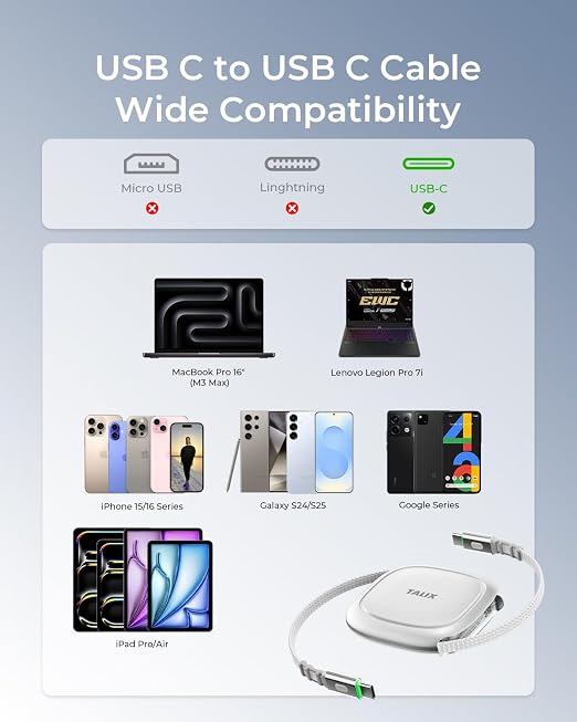 TALIX 240W Retractable USB C to USB C Cable PD 3.2 Fast Charging-3.94FT | Mag Snap Storage E-Marker Chip Anti-Tangle Retractable Cord for Travel MacBook iPhone 17 Samsung S25