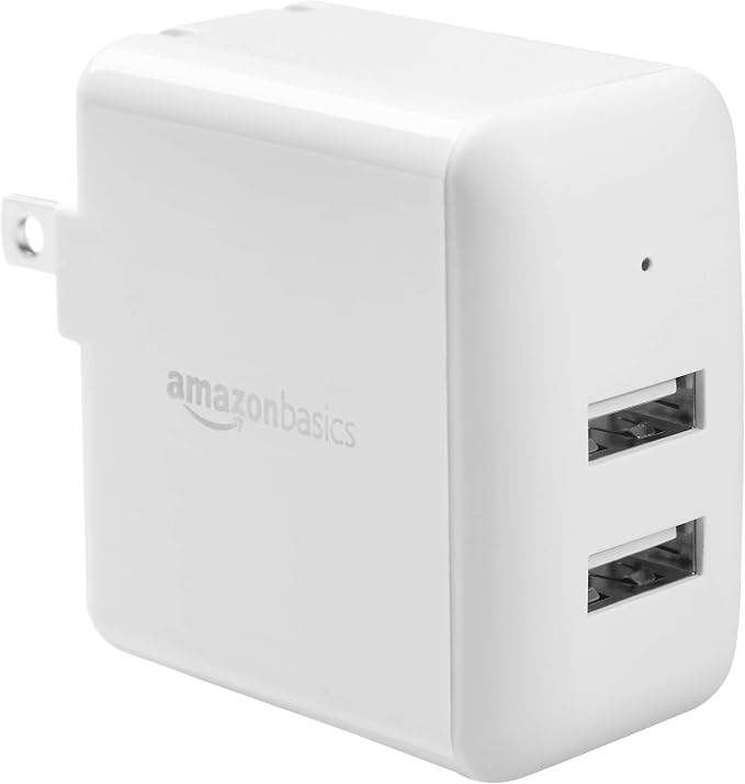Amazon Basics 24W Two-Port USB-A Wall Charger for Multiple Devices Space-Saving Design 12W 2.4A per Port for iPhone 16/15/14/13/12/11/X Samsung and More Black