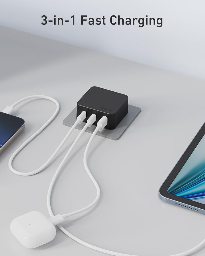 Nekmit 67W Flat USB C Charger Block 3-Port GaN Fast Wall Charger USB C Wall Plug for MacBook Pro/Air iPad iPhone Galaxy and More