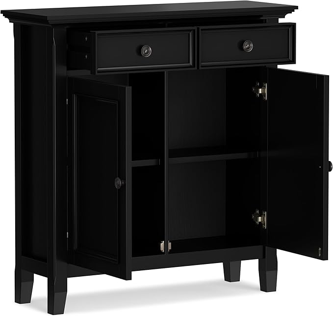 SIMPLIHOME Amherst 36-inch Wide Transitional-Style Storage Cabinet in Black with Drawers and Adjustable Shelves for Entryway or Living Room