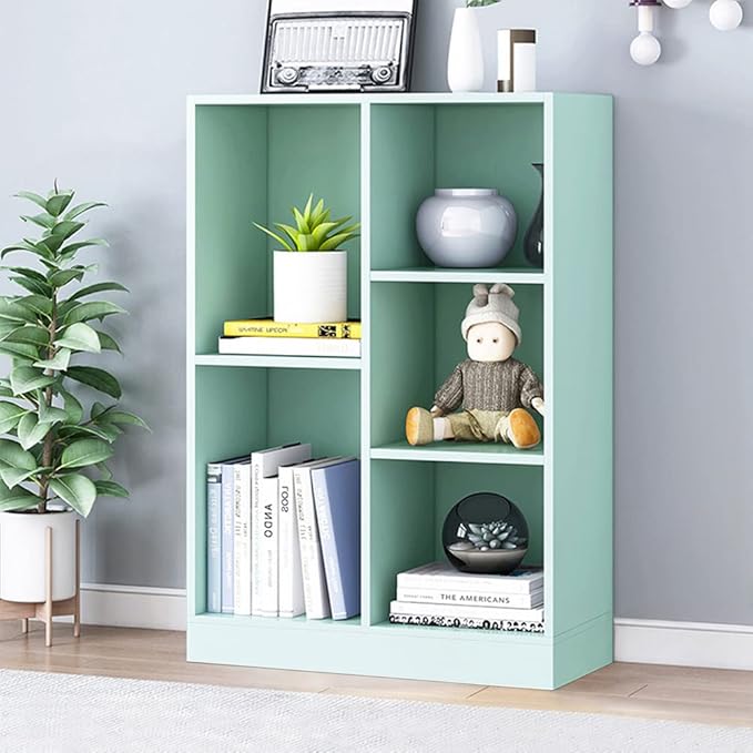 IOTXY Open Shelf Low Bookcase - Wooden 3-Tier Floor Standing Display Cabinet Organizer with Base, 5 Cubes Short Horizontal Bookshelf in Tiffany-Green